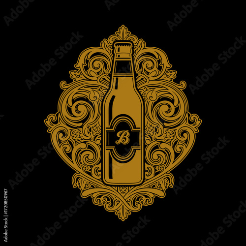 Ornate gold-colored beer bottle emblem, vintage style.