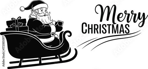 Santa Claus in a sleigh filled with gifts, wishing a Merry Christmas