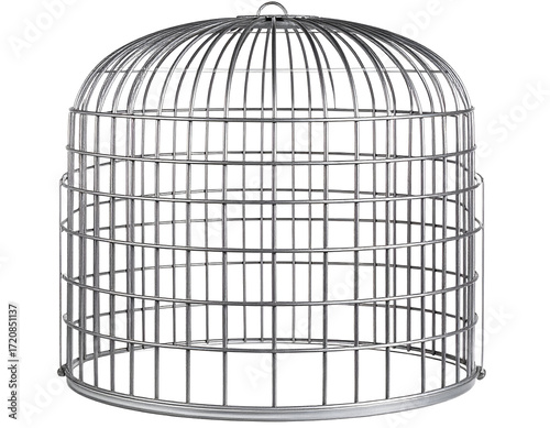 A detailed view of a metallic birdcage with a dome-shaped top and intricate wire design for decorative purposes.