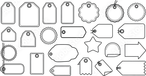 Collection of blank tags and labels in various shapes and designs on a white background