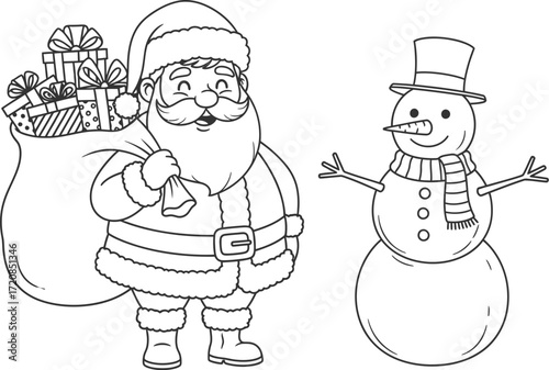 Jolly Santa Claus with a sack full of gifts stands beside a cheerful snowman