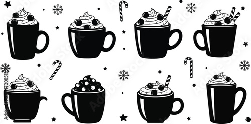 Festive black and white pattern of hot chocolate mugs with whipped cream and berries, surrounded by snowflakes and candy canes.