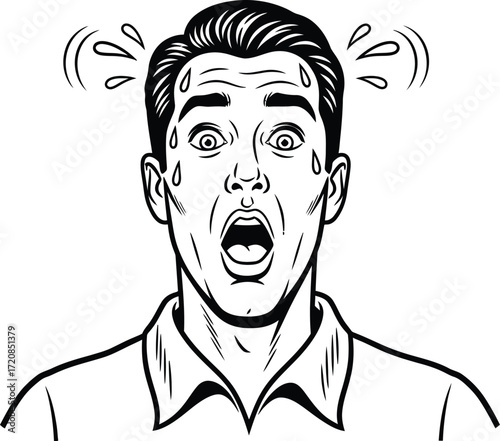 Man's shocked expression with sweat pouring from his forehead, conveying fear or surprise.