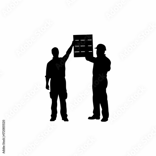 Silhouette of two technicians pointing at server rack display silhouette