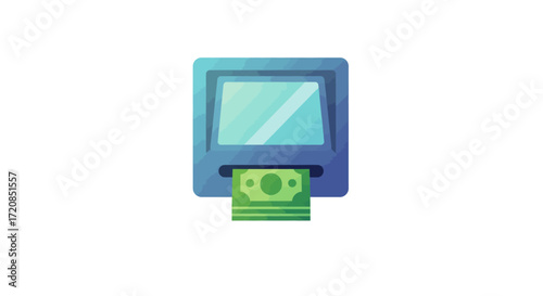 A simple, stylized illustration of an automated teller machine (ATM) dispensing a stack of cash.
