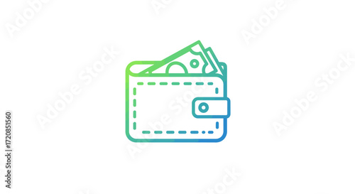 A minimalist line art illustration of a wallet with cash peeking out, rendered in a gradient of green and blue.