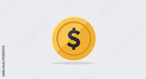 A simple, flat design illustration of a golden coin with a black dollar sign on a light gray background.