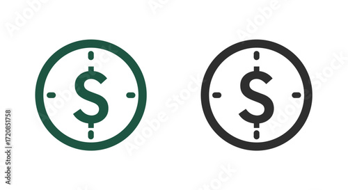 Two stylized circular icons featuring a dollar sign within a target reticle, one in green and the other in black.