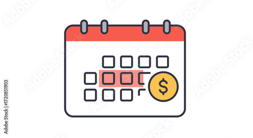 Calendar with highlighted dates and a dollar coin, indicating scheduled payments or expenses.