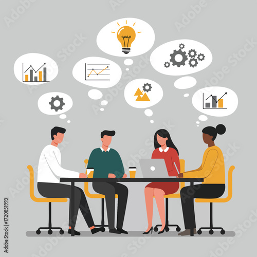 Vector Illustration of Business Meeting with Thought Bubbles Depicting Growth and Innovation in Modern Flat Style