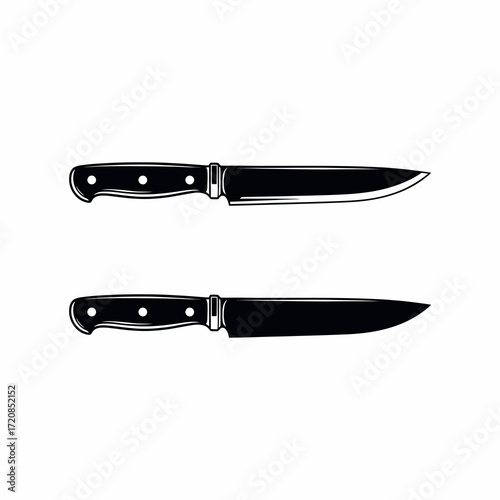 Monochrome illustration of two classic kitchen knives with black handles and metal rivets on a white background.