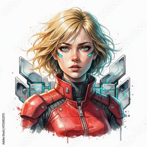 portrait of blonde cyberpunk girl in digital illustration with water color style 