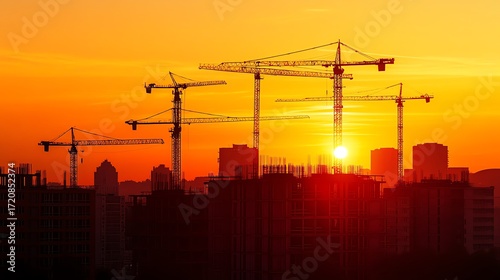 Silhouetted cranes against a stunning sunset.