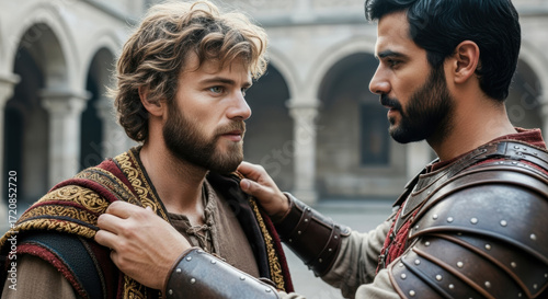 The biblical friendship of David and Jonathan. The prince places his robe on the future king in a powerful act of covenant and loyalty.