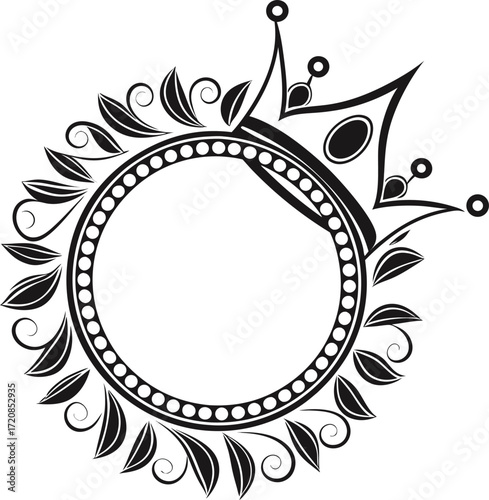 Vector art of elegant black and white circular frame with a royal crown and floral accents