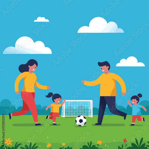 Vector Illustration of Family Playing Soccer in Modern Flat Style with Bright Colors and Cheerful Scene