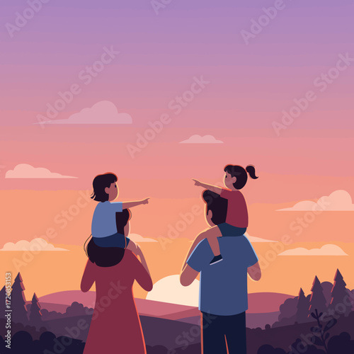 Vector Illustration of Family with Children at Sunset in Minimalist Style with Warm Gradient Colors