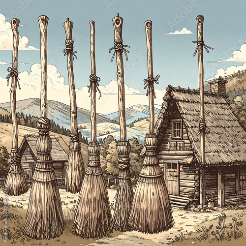 Rustic brooms stand tall by a mountain village