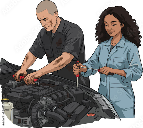 Car repair teamwork, engine maintenance, mechanic tools, open hood, professional attire, auto service, vector art, stock image, workshop scene, collaboration