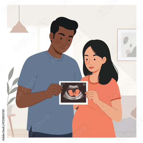 Vector Illustration of Pregnant Woman and Partner Holding Ultrasound Image in Modern Style with Soft Neutral Colors
