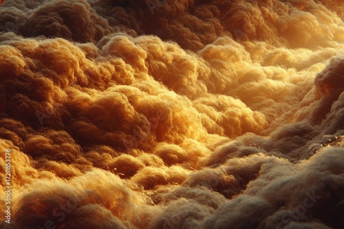 Golden, fluffy clouds illuminated by warm light, creating a textured, ethereal landscape