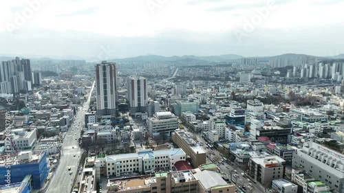 A panoramic view of Cheongju-si, Korea, and an urban aviation view with apartments and government offices