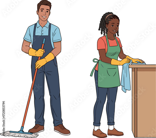 Cleaning service illustration, man and woman, mop and cloth, household chores, cleaning tools, vector art, stock image, work attire, hygiene