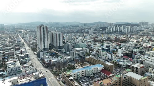 A panoramic view of Cheongju-si, Korea, and an urban aviation view with apartments and government offices