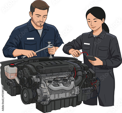 Engine diagnostics illustration, car repair teamwork, wrench and tablet, modern auto service, mechanic tools, vector art, stock image, workshop scene