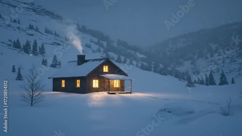 Cozy wooden cabin illuminated at night amidst snowy mountains with falling snowflakes