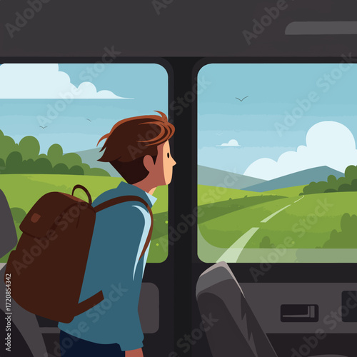Vector Illustration of Young Man Traveling in Vehicle with Scenic Landscape in Modern Style