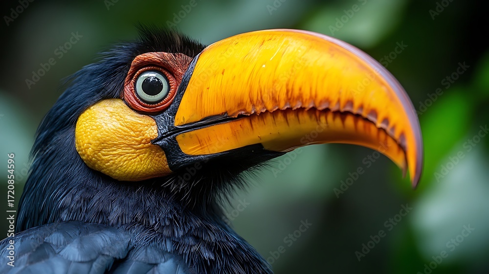 Fototapeta premium Close up of a rufous hornbill with a large yellow beak and dark feathers against a green background