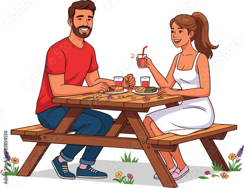 Outdoor picnic illustration, happy couple, white dress, red shirt, food and drink, nature setting, vector art, stock image, leisure moment