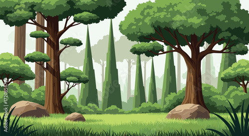 Enchanting Forest Landscape with Tall Trees and Lush Greenery.