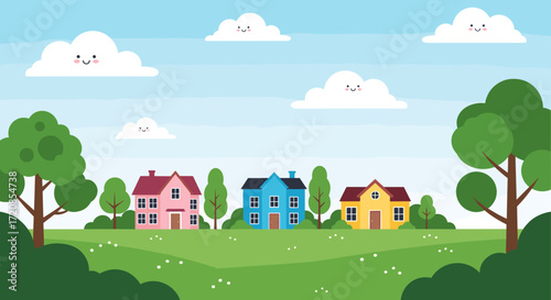 Charming cartoon houses in a vibrant green landscape with smiling clouds.