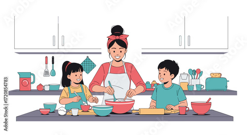 Mother and two children baking together in a bright kitchen.