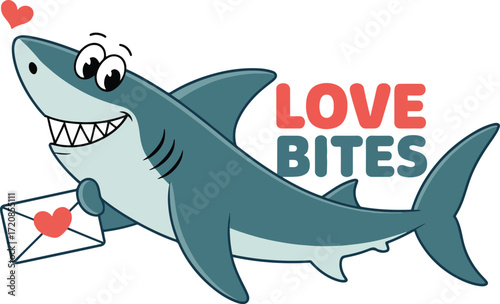 love bites shark cartoon design. funny valentine ocean animal with heart letter cute love vector illustration