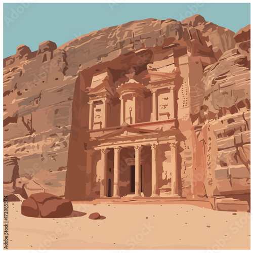 Vector Illustration of Ancient Petra Treasury Facade in Geometric Style with Earth Tone Colors