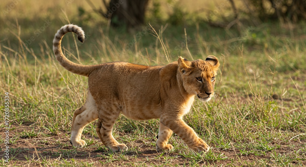 Obraz premium Lion cub exploring savanna