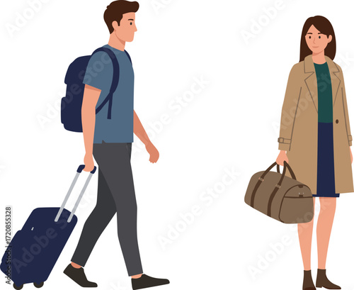 Travel, illustration, people, luggage, fashion, airport, journey, tourism, adventure, casual, modern, backpack, duffel, outfit, destination, movement, lifestyle, transit, walking, traveler