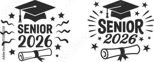 senior 2026 graduation design set. class of 2026 typography with cap diploma and stars vector illustration