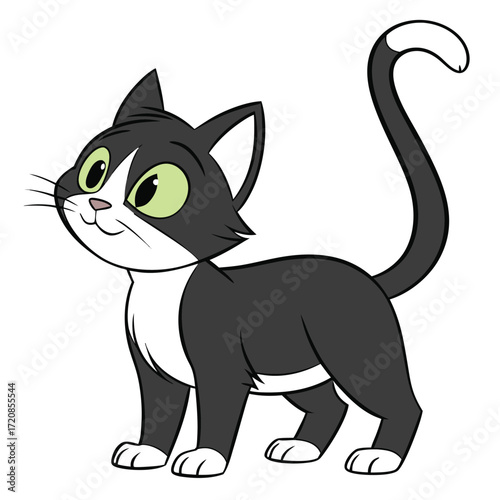 Vector art of cute cartoon tuxedo cat with green eyes standing and looking to the side