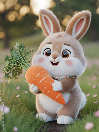 3D rendering of a happy rabbit standing in a grassy field filled with tiny pink flowers. The fluffy rabbit has a cute, smiling face and holds a large carrot.