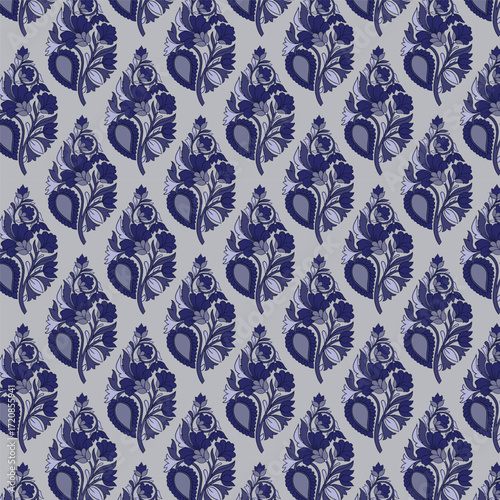 Captivating seamless indigo block print featuring intricate traditional Indian motifs. Ideal for textile design, wallpaper, fashion, and cultural decor projects, blending heritage with modern aestheti