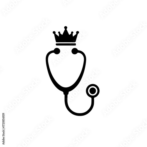A poignant and inspiring black and white icon featuring a small crown resting on a stethoscope. This minimalist design symbolizes the incredible strength and resilience of children fighting illness