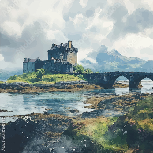 watercolor vector of Scottish Historic Castle, isolated on a white background.