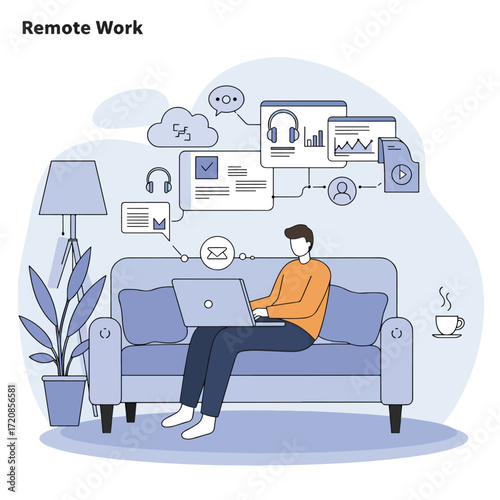 Vector Illustration of Remote Work Scene Featuring Person Using Laptop in Minimalist Modern Style with Blue and Orange Colors
