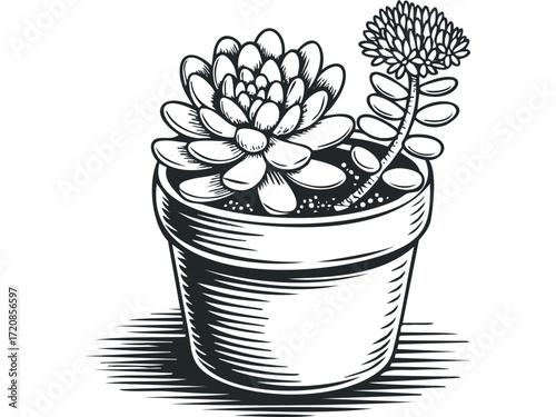 Black and White Succulent Plant in Pot. Vector hand drawn illustration