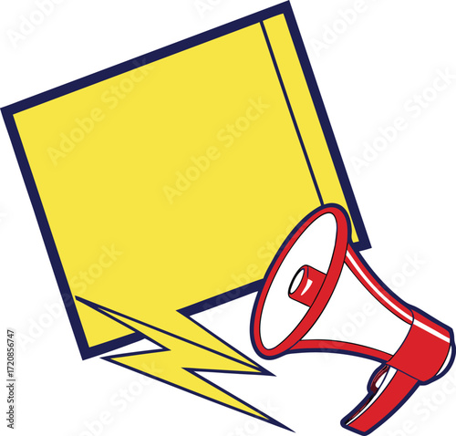 Vector art of a red and white megaphone with a yellow speech bubble and a lightning bolt, isolated on a