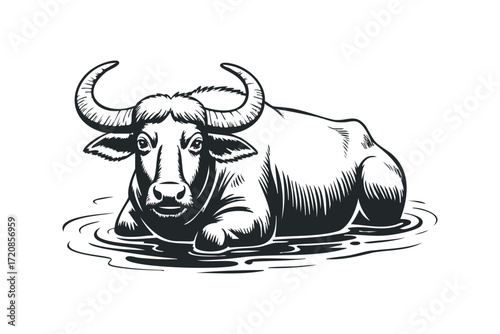 Water Buffalo Lying in Water. Vector hand drawn illustration